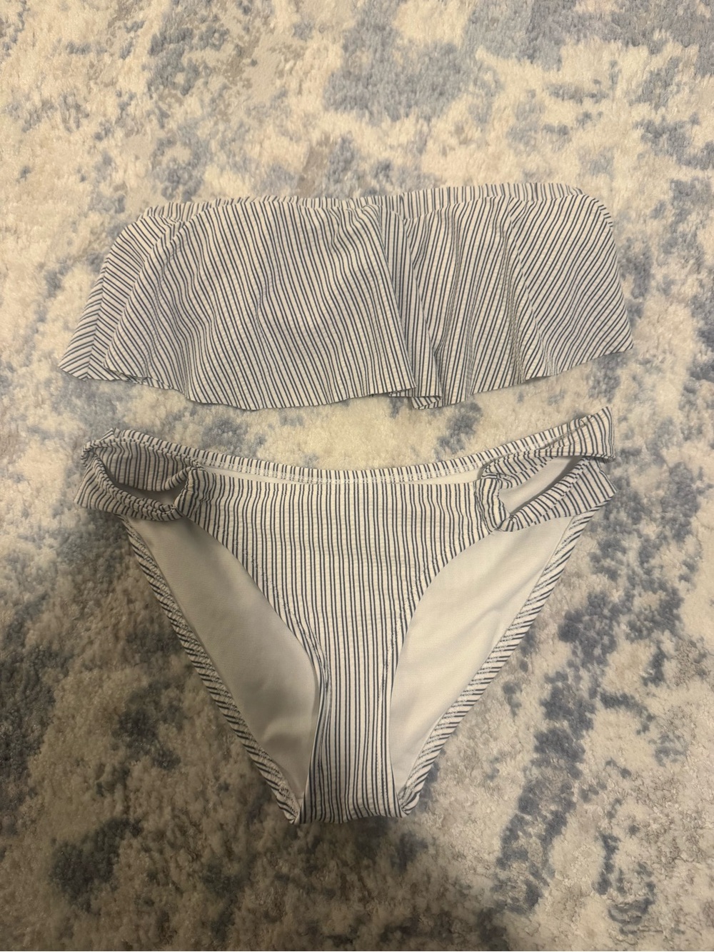 Striped Bandeau Bikini Set in White and Navy
